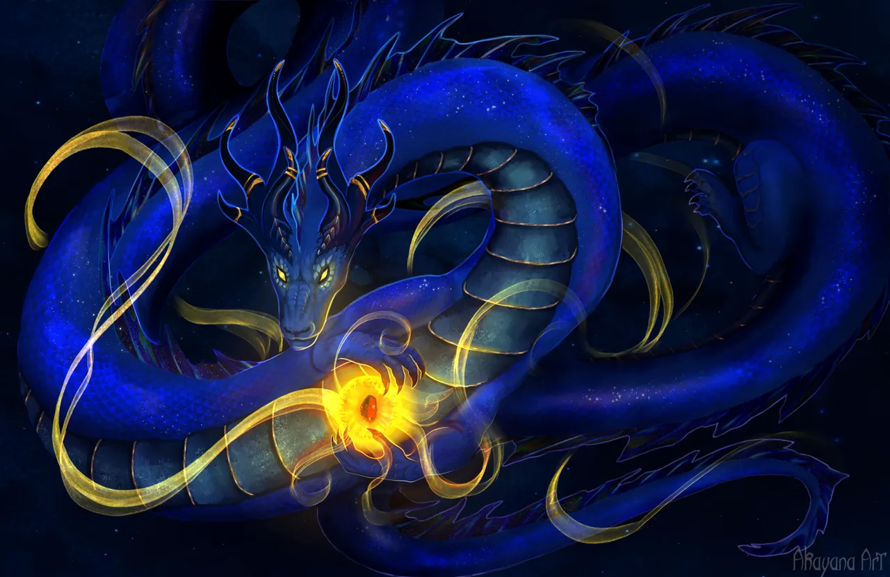 A blue dragon coiled around a glowing orb