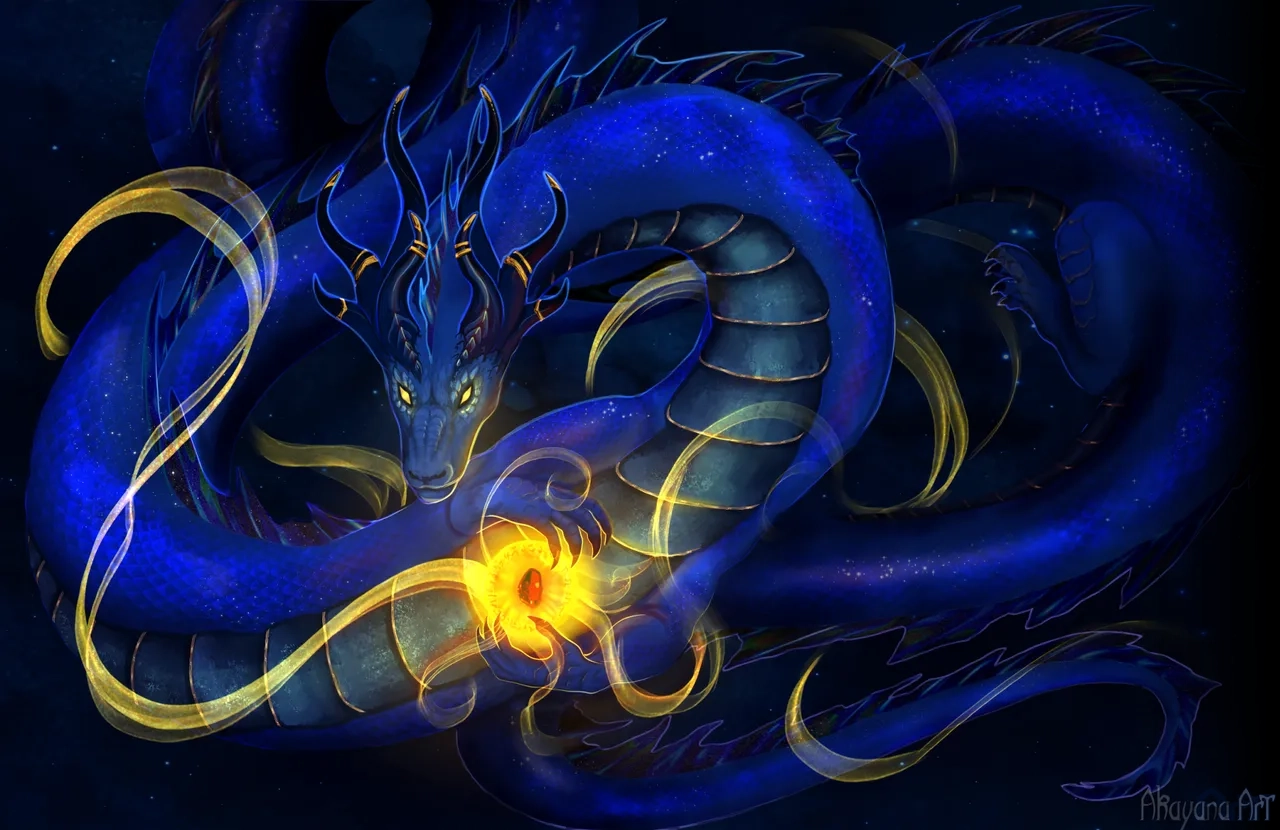 A blue dragon coiled around a glowing orb